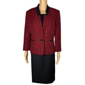 Kasper Polyester Lined Dress Suit Size 12 Black Red Stand Up Collar 2Piece Women